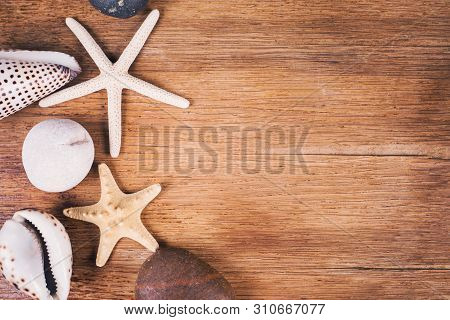 Flatlay Witn Stones And Seashell, Starfish, On Wooden Background
