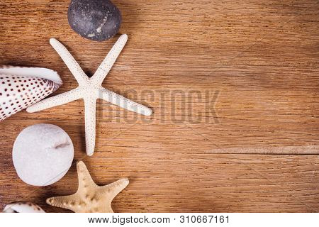 Flatlay Witn Stones And Seashell, Starfish, On Wooden Background
