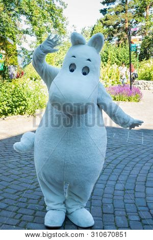 Naantali, Finland - 28 June, 2019: Moomintroll In Park Moominworld At Sunny Summer Day.