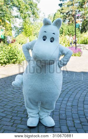 Naantali, Finland - 28 June, 2019: Moomintroll In Park Moominworld At Sunny Summer Day.