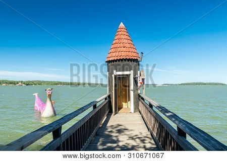 Naantali, Finland - 28 June, 2019: Bathing Hut And Edvard The Booble In Park Moominworld At Sunny Su