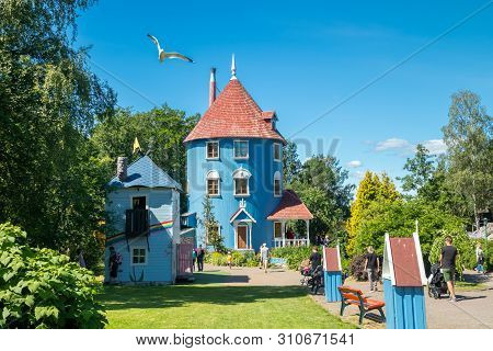 Naantali, Finland - 28 June, 2019: Moominhouse In Park Moominworld At Sunny Summer Day.