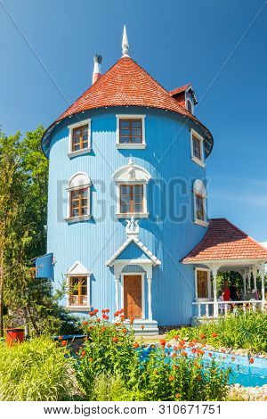 Naantali, Finland - 28 June, 2019: Moominhouse In Park Moominworld At Sunny Summer Day.