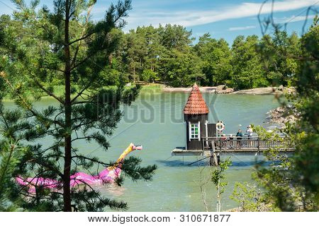 Naantali, Finland - 28 June, 2019: Bathing Hut And Edvard The Booble In Park Moominworld At Sunny Su