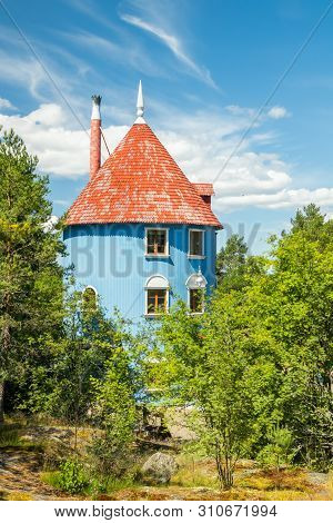 Naantali, Finland - 28 June, 2019: Moominhouse In Park Moominworld At Sunny Summer Day.
