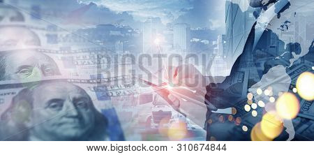 Business Background Multiple Exposures With Us Dollar Money With Business People Command Background.