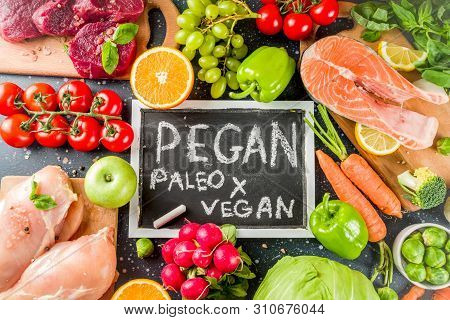 Trendy Pegan Diet - Vegan Plus Paleo Diet Food Concept, Many Fresh Vegetables, Fruits, Raw Beef And 