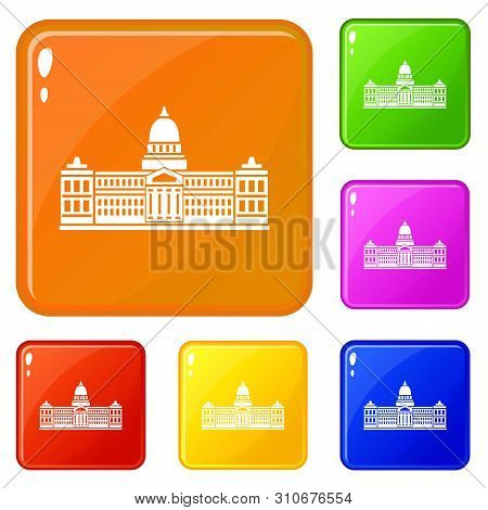 Palace Of Congress In Buenos Aires, Argentina Icons Set Collection Vector 6 Color Isolated On White 