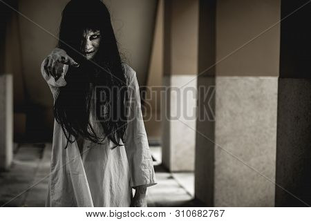 Halloween Or Horror Concept, Women Dressed In Costume Cosplay Horror Zombies Or Ghost On Halloween F