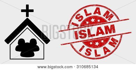 Vector Church People Pictogram And Islam Watermark. Red Round Textured Watermark With Islam Caption.