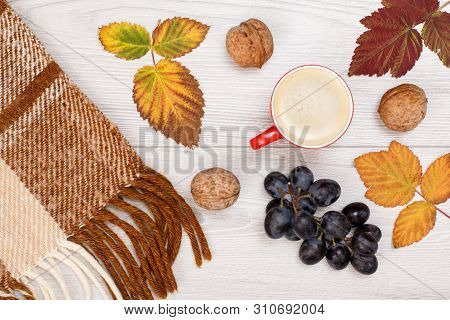 Checkered Plaid, Dry Yellow And Brown Leaves, Cup Of Coffee, Grapes And Walnuts On Wooden Background