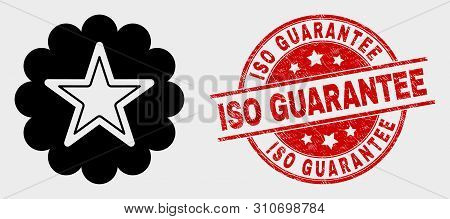 Vector Star Rosette Icon And Iso Guarantee Seal Stamp. Red Rounded Grunge Seal Stamp With Iso Guaran