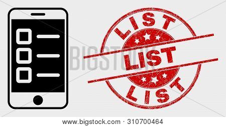 Vector Mobile Test Items Icon And List Seal Stamp. Red Rounded Grunge Seal With List Caption. Vector