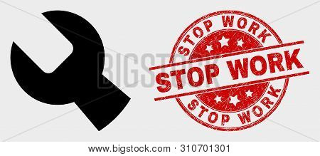 Vector Setup Tools Icon And Stop Work Watermark. Red Rounded Distress Watermark With Stop Work Capti