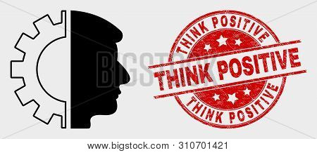 Vector Head Gear Pictogram And Think Positive Seal Stamp. Red Rounded Textured Seal Stamp With Think