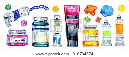 Artist Materials - Paint Tubes, Conteiners And Color Spots. Hand Drawn Sketch Watercolor Illustratio