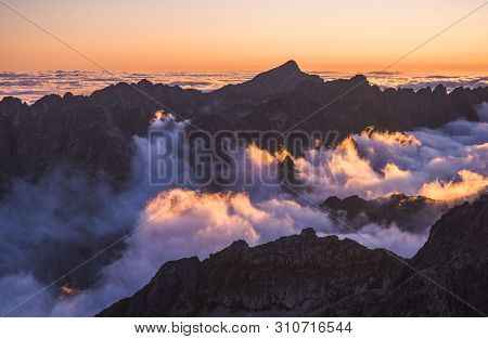 Mountains Landscape With Inversion In The Valley At Sunset As Seen From Rysy Peak In High Tatras, Sl