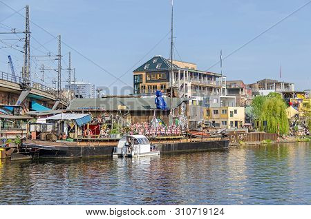 Berlin, Germany - April 22, 2018: Holzmarkt - An Urban Village Made Of Recycled Windows, Secondhand 