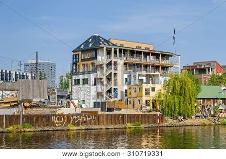 Berlin, Germany - April 22, 2018: Holzmarkt - An Urban Village Made Of Recycled Windows, Secondhand 