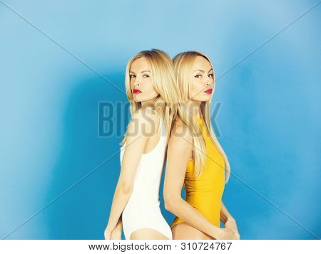 Siamese Or Conjoined Twins, Pretty Girls And Sexy Women In Erotic White And Yellow Bodysuits. Young,