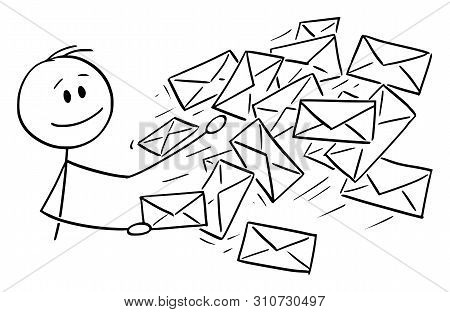 Vector Cartoon Stick Figure Drawing Conceptual Illustration Of Postman, Man Or Businessman Sending P