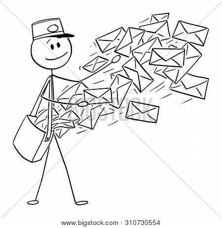 Vector Cartoon Stick Figure Drawing Conceptual Illustration Of Postman Sending Post Or Mail Envelope