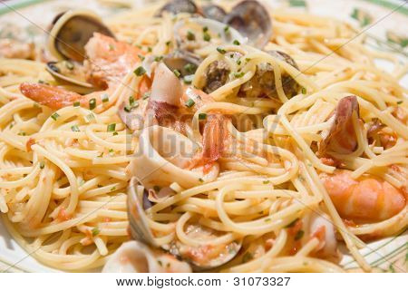 Tasty spaghetti with prawns, mussels, calamaries seafood