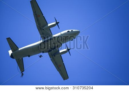 Boboc, Romania - May 22, 2019: Military Paratroopers Jump From An Alenia C-27j Spartan Military Carg