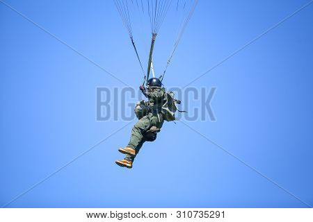 Boboc, Romania - May 22, 2019: Military Paratroopers Jump From An Alenia C-27j Spartan Military Carg