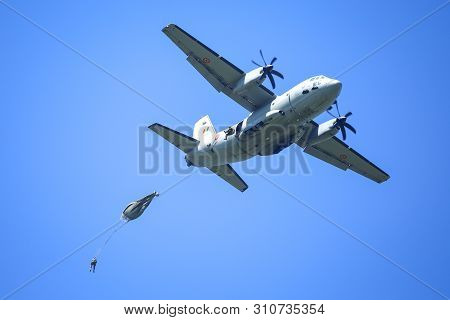 Boboc, Romania - May 22, 2019: Military Paratroopers Jump From An Alenia C-27j Spartan Military Carg