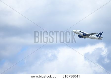 Otopeni, Romania - May 22, 2019: A Tarom Commercial Airplane Is Taking Off From The Henri Coanda Int