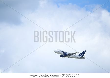 Otopeni, Romania - May 22, 2019: A Tarom Commercial Airplane Is Taking Off From The Henri Coanda Int