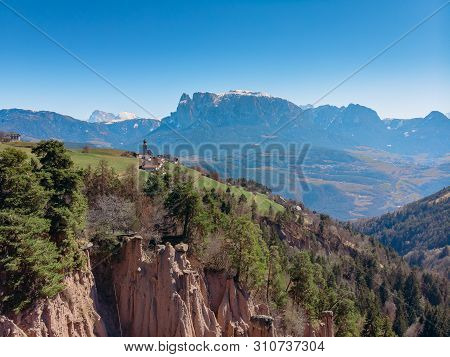 Natural Earth Pyramids In Renon Ritten Italy. Aerial View