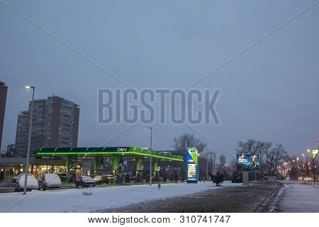 Belgrade, Serbia - January 6, 2019: Logo Of Omv On One Of Its Gas Stations Of Belgrade. Omv Is An Au
