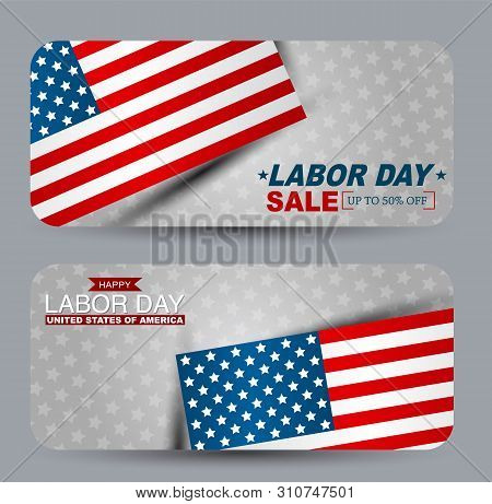 Labor Day Sale Banner Set. Advertisement Campaign Design With Usa Nationa Flag. Vector Illustration.