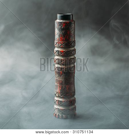Vape Device In Vapor Smoke Clouds, Stylish Mechmod With Rda Atomizer For Vaping, Close Up.