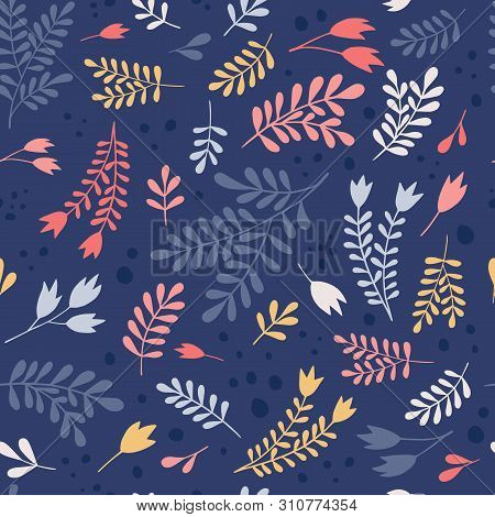 Ornamental Plants On A Navy Blue Background. Vector Seamless Pattern, Can Be Used For Textile, Web, 