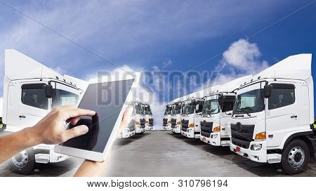 Technology Transportation By People Is Using Tablet To Control Trucking Transportation Mode For Logi