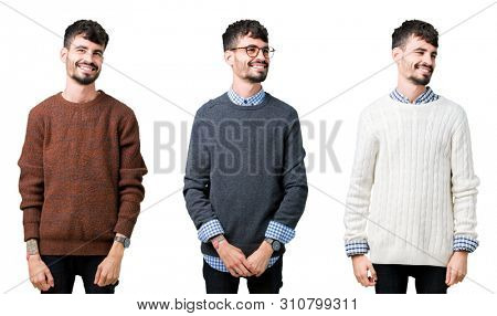 Collage of young man wearing a sweater over isolated background looking away to side with smile on face, natural expression. Laughing confident.