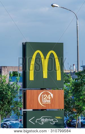 Thessaloniki, Greece - June 25 2019: Mcdonalds Logo Outside Mcdrive Store. External Day View Of Inte