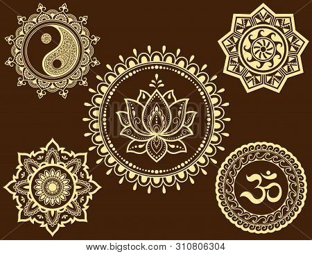 Set Of Circular Patterns In Form Of Mandala With Religious Symbols. Oriental Signs Om, Yin-yang, Lot