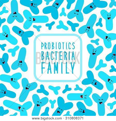 Funny Probiotics Bacteria Family Background Isolated On White, Gut And Intestinal Flora, Set In Flat