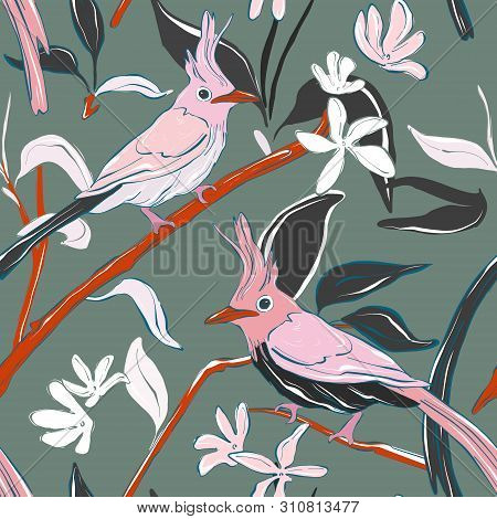 Botanical Print With Navy Parrot And Exotic Leaves. Tropical Birds Pardise  Pattern. Flowers And Lea