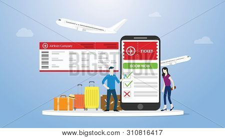 Online Book Or Booking Tickets For Airflight Concept With Smartphone App And Some Luggage With Peopl