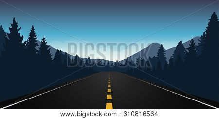 Straigth Road In The Forest With Blue Mountain Landscape Vector Illustration Eps10