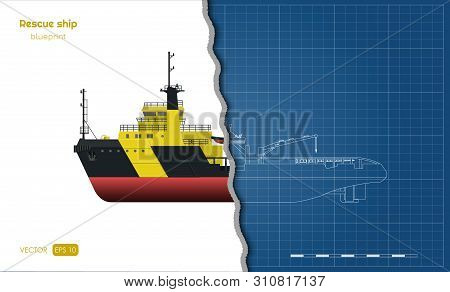 Outline Blueprint Of Rescue Ship On White Background. Top, Side And Front View. Industry 3d Drawing 