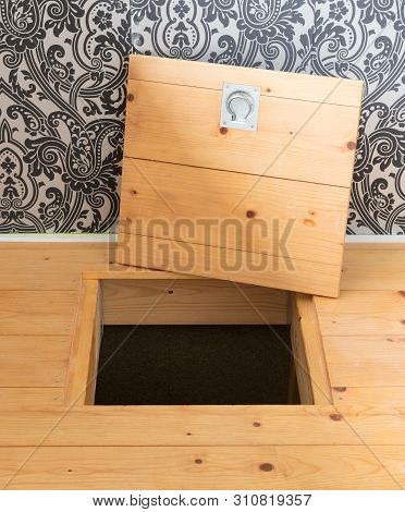 Wooden Square Old Hatchway In The Cellar
