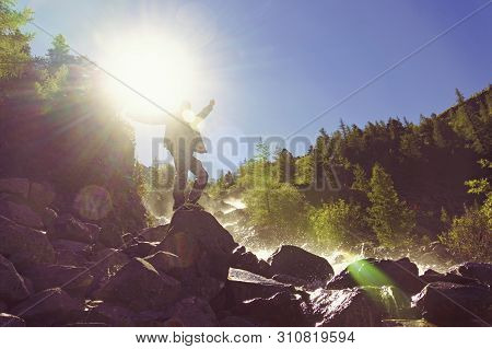 Man Stands Over A Tropic Cliff Stunning Amazing Gorgeous Views High Mountains Waterfall Greens And R