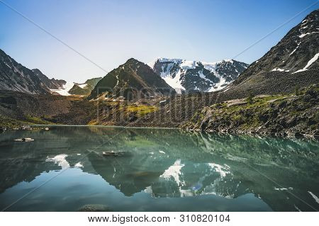Beautiful Panoramic View At Kucherla Mountain Lake And Mountain Range. Belukha National Park, Altai 