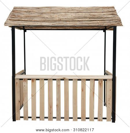 Wooden market stand stall with thatched reed roof awning